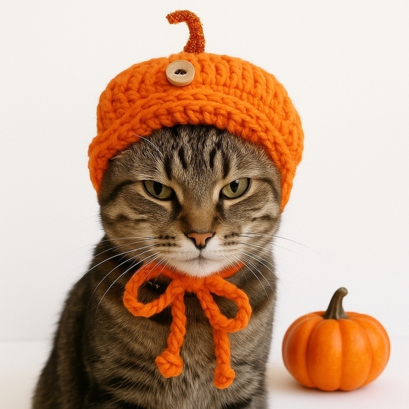 Hand Crafted Other - Handmade Halloween Crochet Pumpkin Hat for Cats or Small Dogs – Fall Pet Costume